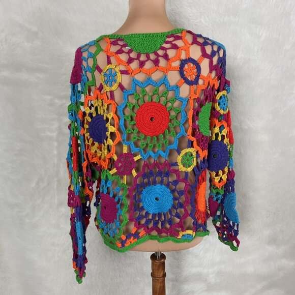 Vintage 90s Y2K Open Crochet Beaded Rainbow Multicolor Crop Top One Size - Picture 4 of 6